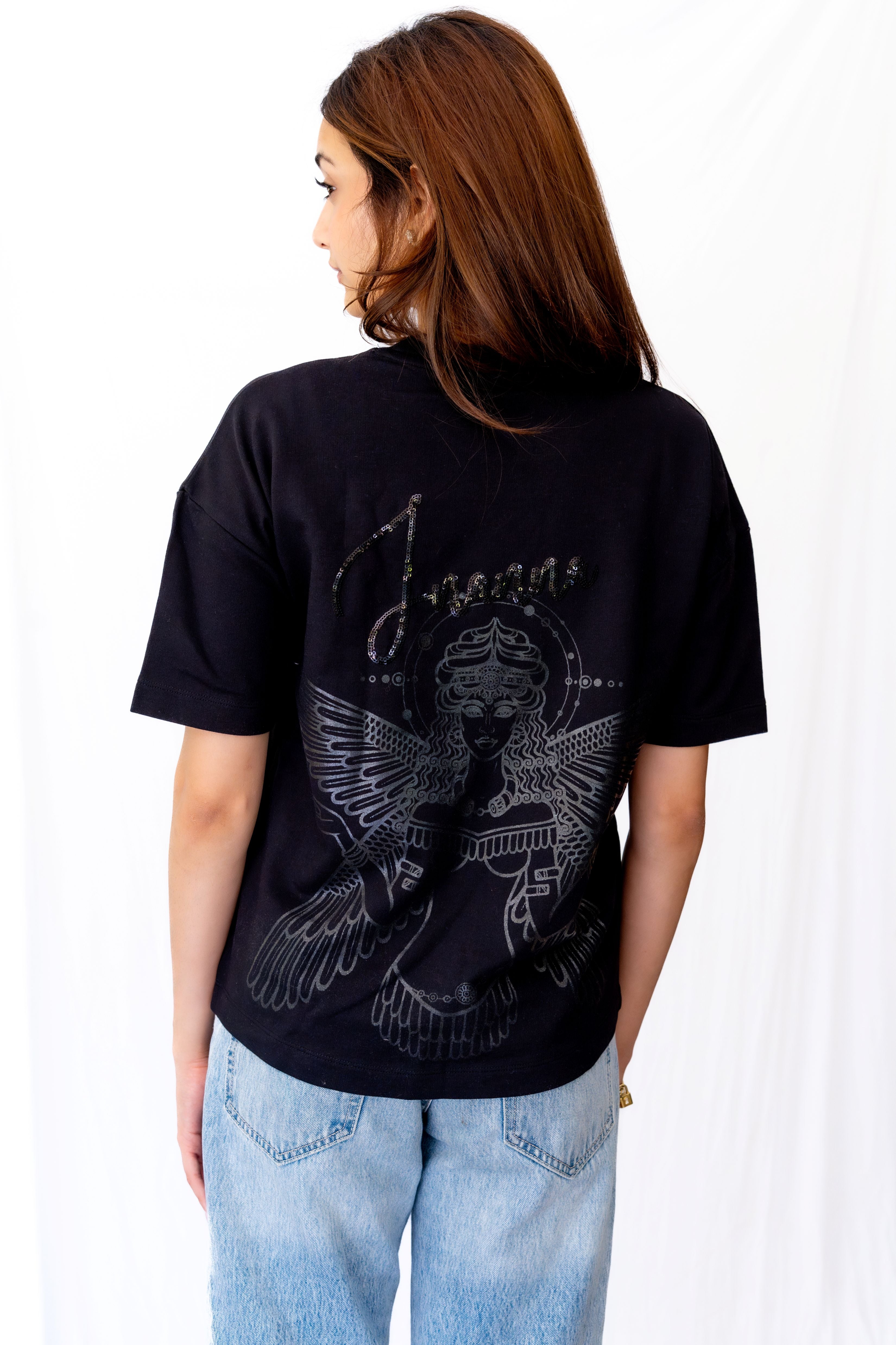 Inanna Black T-shirts - flaunt your love, fertility, and freedom in style.