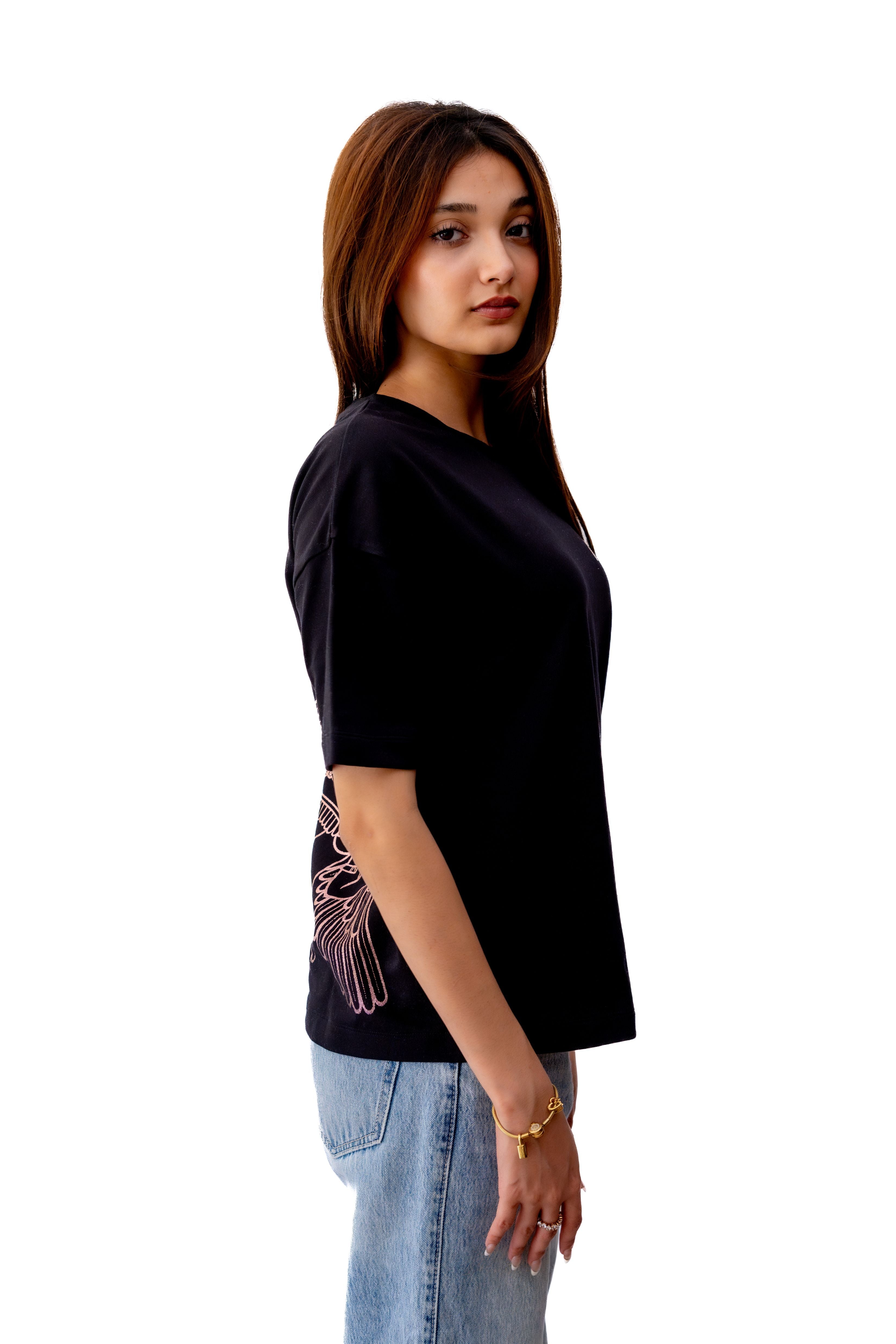 Inanna Black with Pink T-shirt - flaunt your love, fertility, and freedom in style.