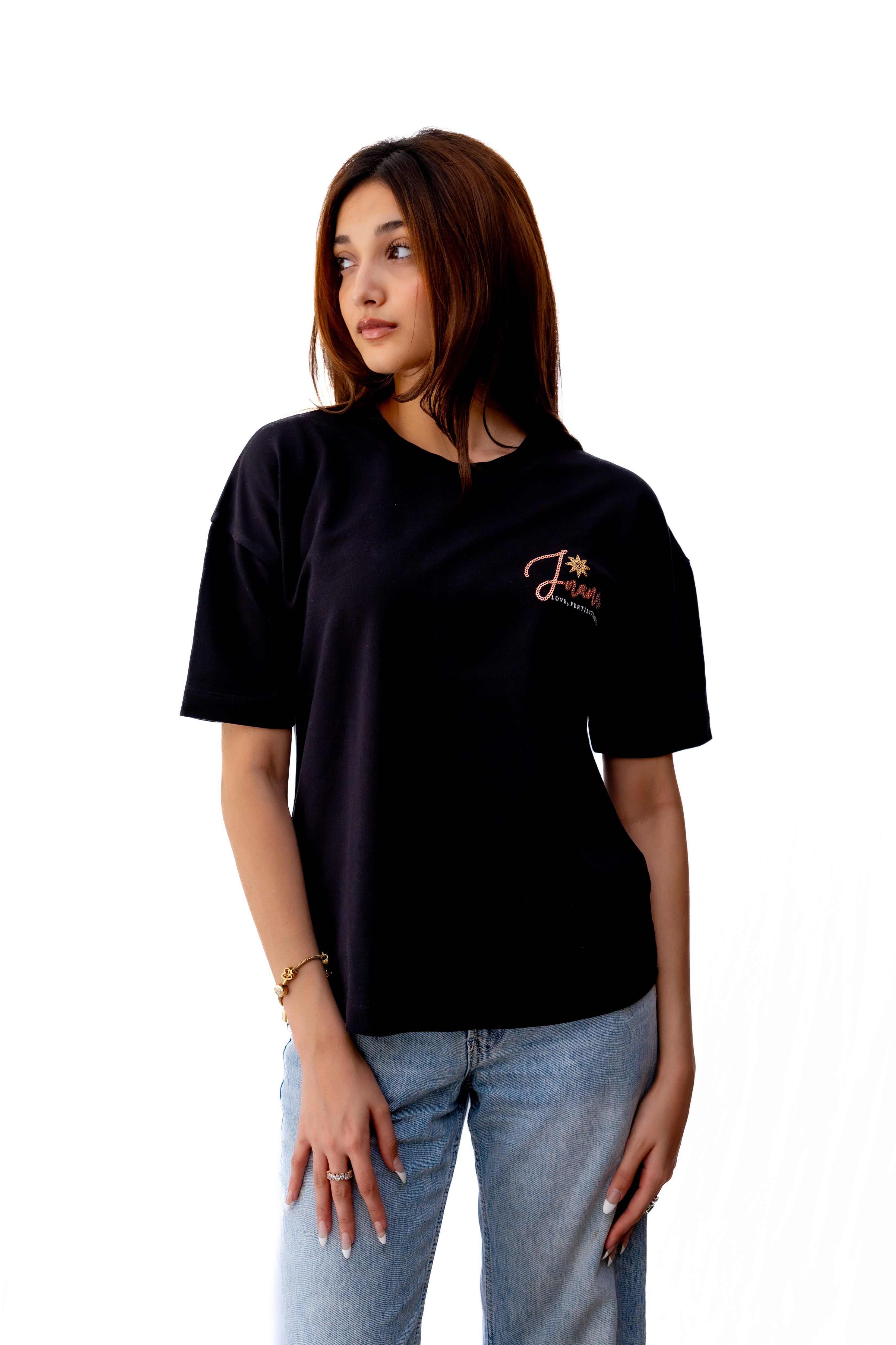 Inanna Black with Pink T-shirt - flaunt your love, fertility, and freedom in style.