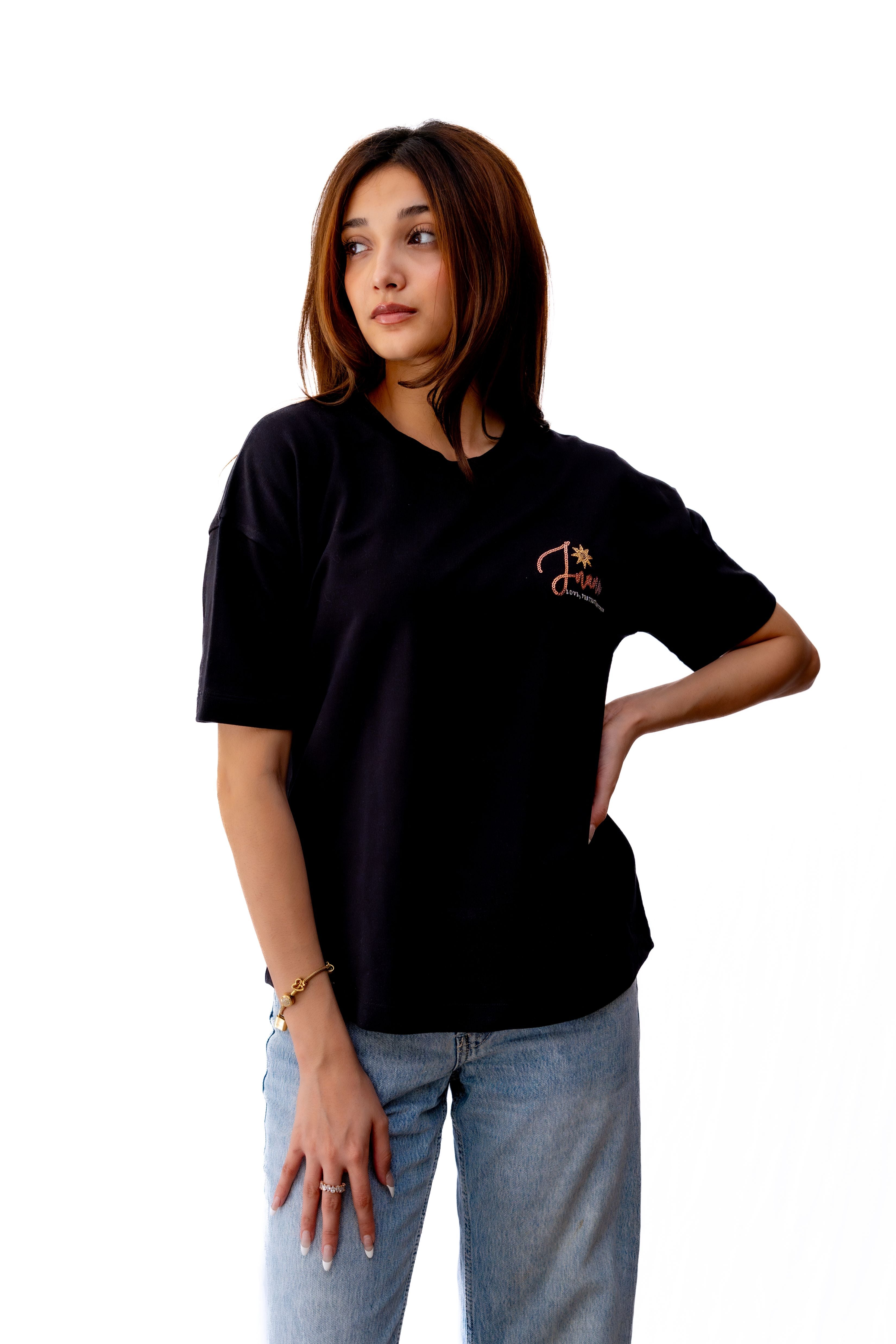 Inanna Black with Pink T-shirt - flaunt your love, fertility, and freedom in style.