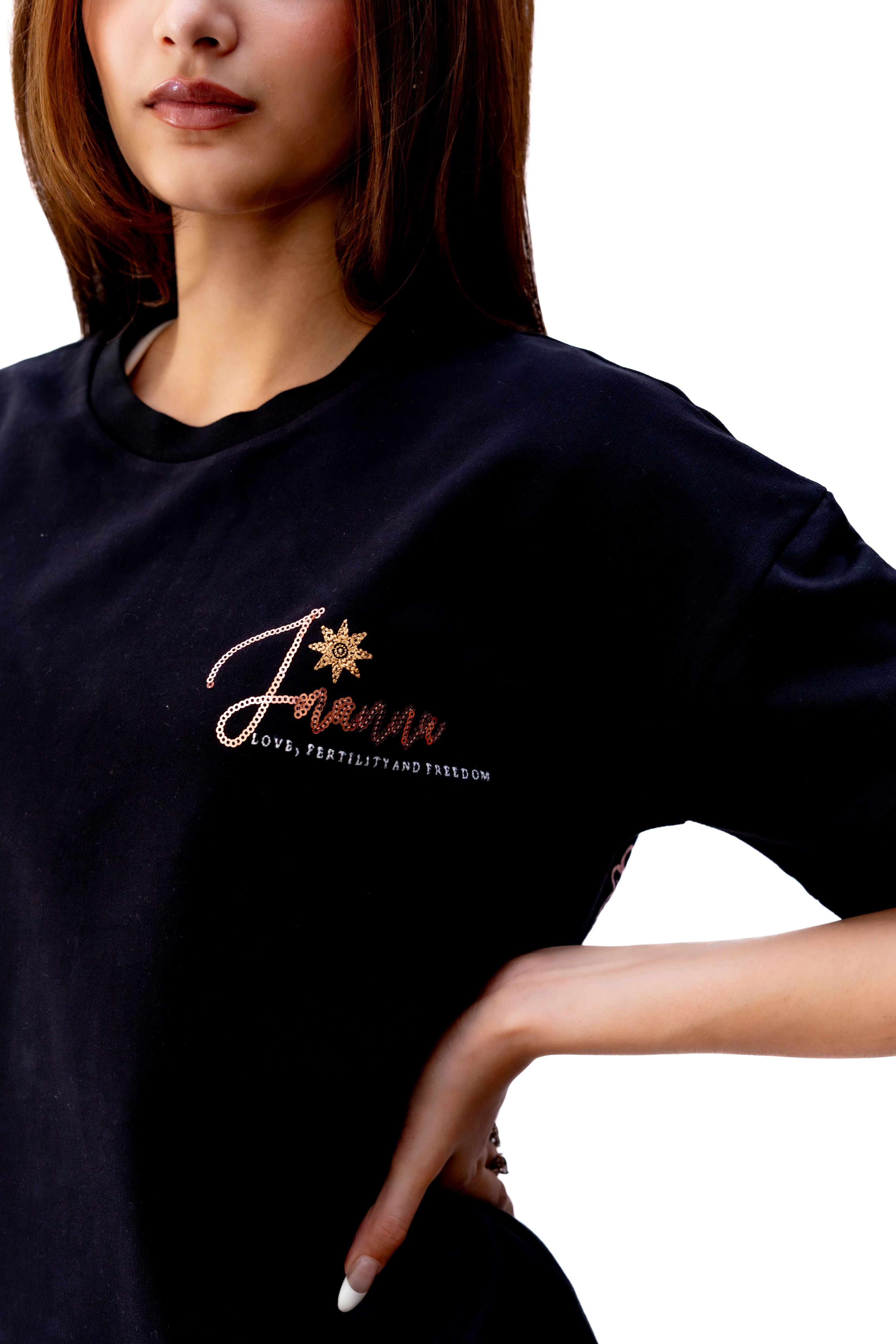 Inanna Black with Pink T-shirt - flaunt your love, fertility, and freedom in style.